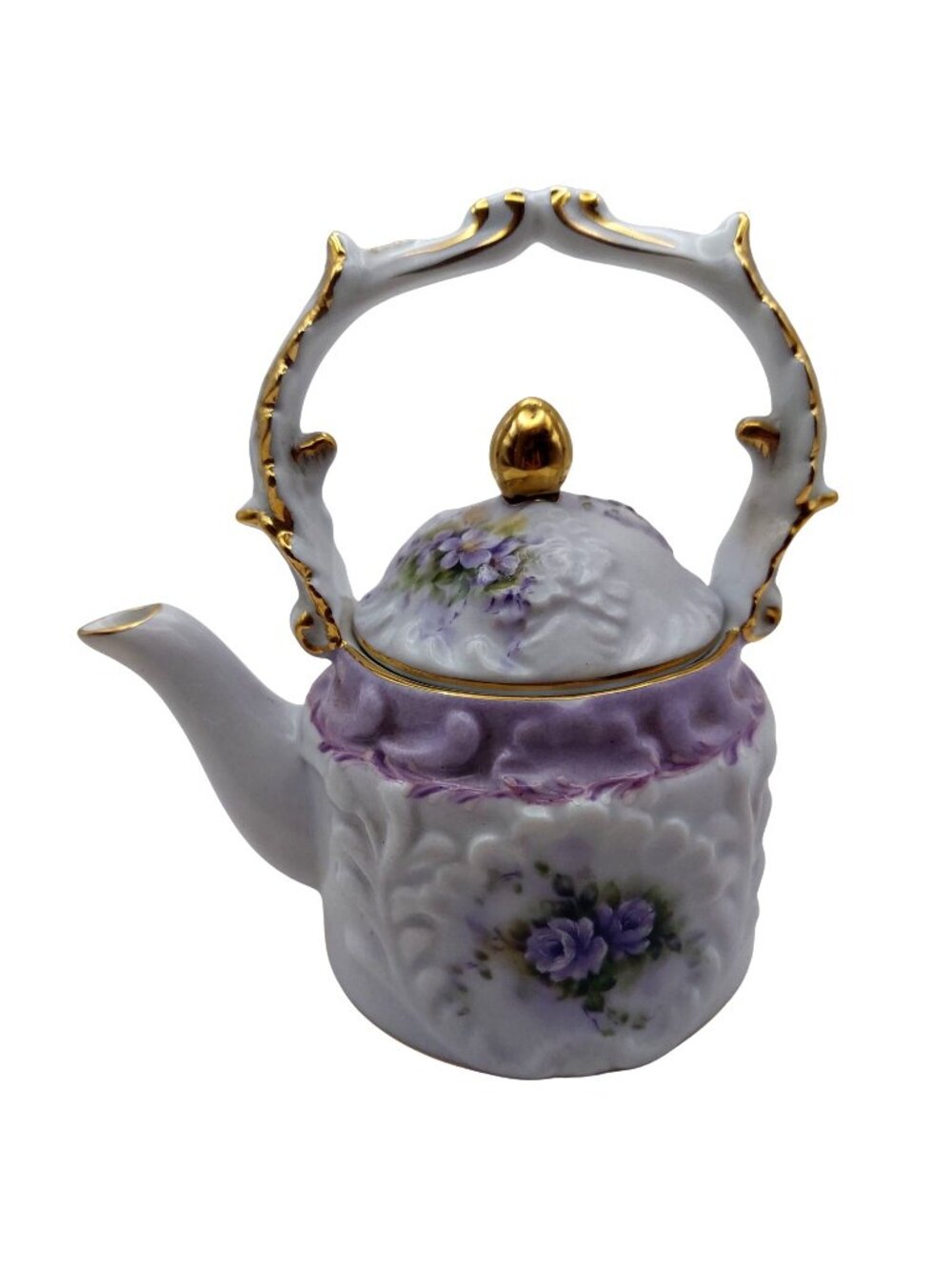 Cracker Barrel Tea Pot Victorian Lavender Pansy Floral Porcelain Collectible 90s